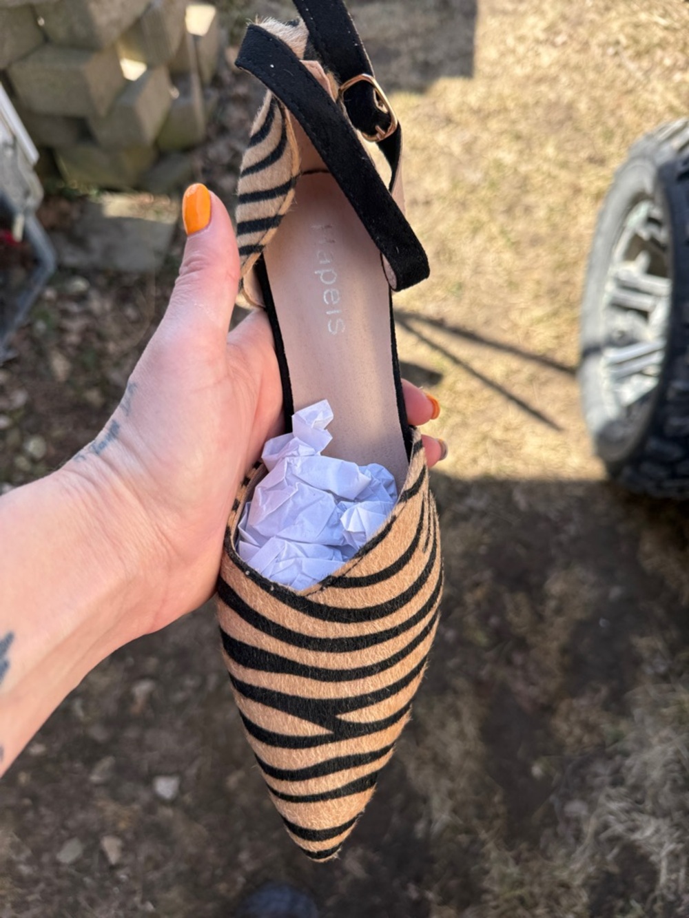 Women's Zebra Print Ankle Strap Pump - Black & Tan - Picture 2 of 3